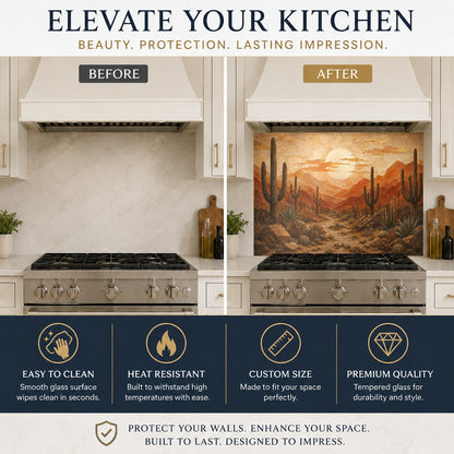 Stunning desert sunset themed tempered glass kitchen backsplash mounted behind a double bowl kitchen sink.