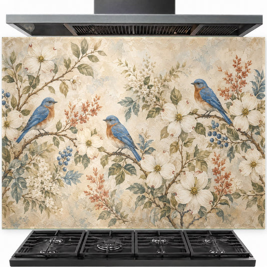 Bird Family tempered glass backsplash panel installed behind a modern gas stove in a cozy farmhouse kitchen.