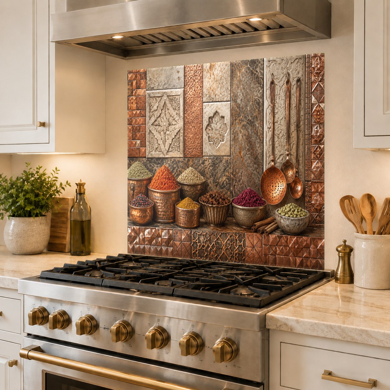 Reflective copper abstract glass backsplash panel behind kitchen range