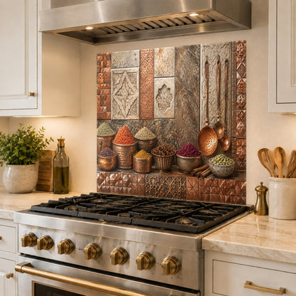 Reflective copper abstract glass backsplash panel behind kitchen range