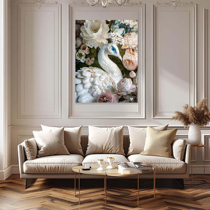Living room with a beige sofa, decorative coffee table, and floral peacock artwork on the wall.