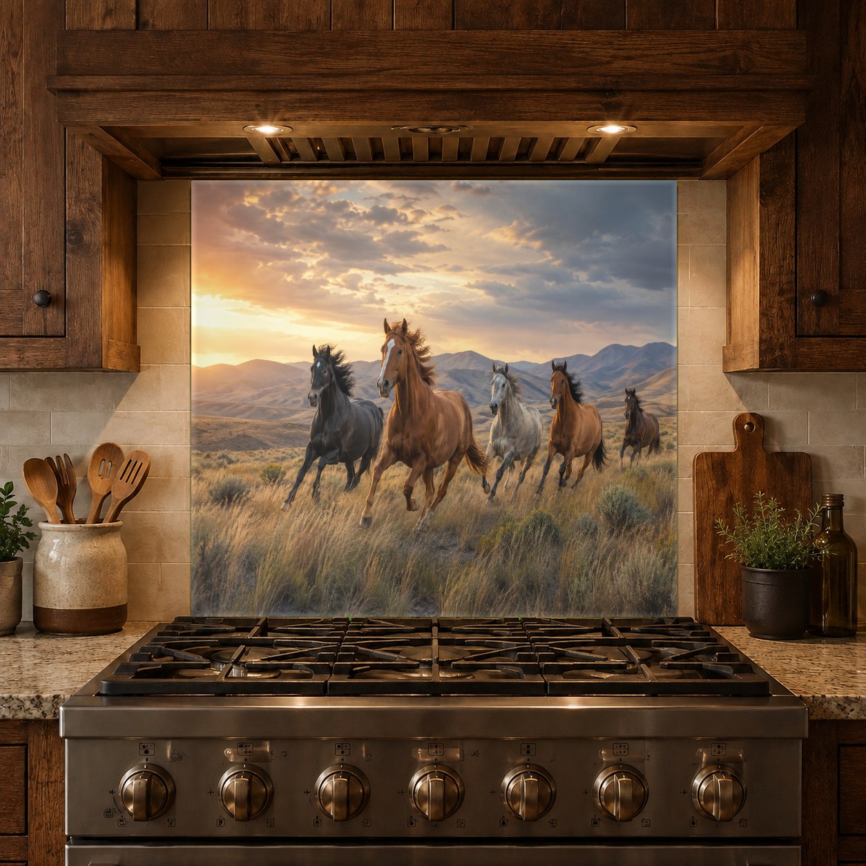Custom-sized horse glass backsplash panel installed on a kitchen island cooktop wall.