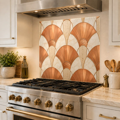 Sleek kitchen remodel showcasing a seamless copper abstract tempered glass backsplash panel with no grout lines.