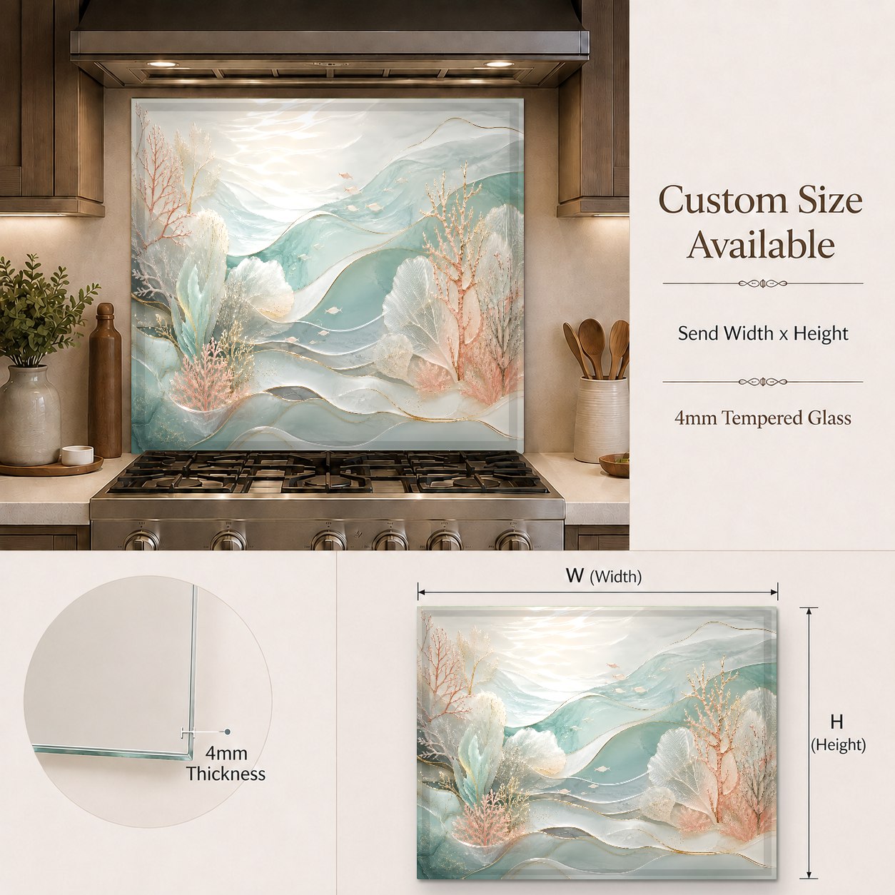 Coastal glass backsplash featured in a bright kitchen bar area