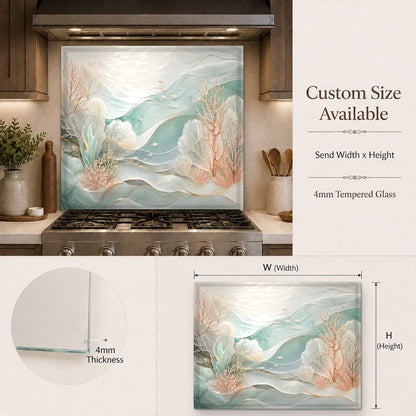 Coastal glass backsplash featured in a bright kitchen bar area
