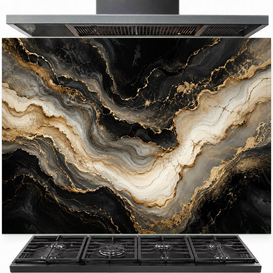 Golden marble tempered glass backsplash installed behind a modern gas stove in a luxury kitchen.