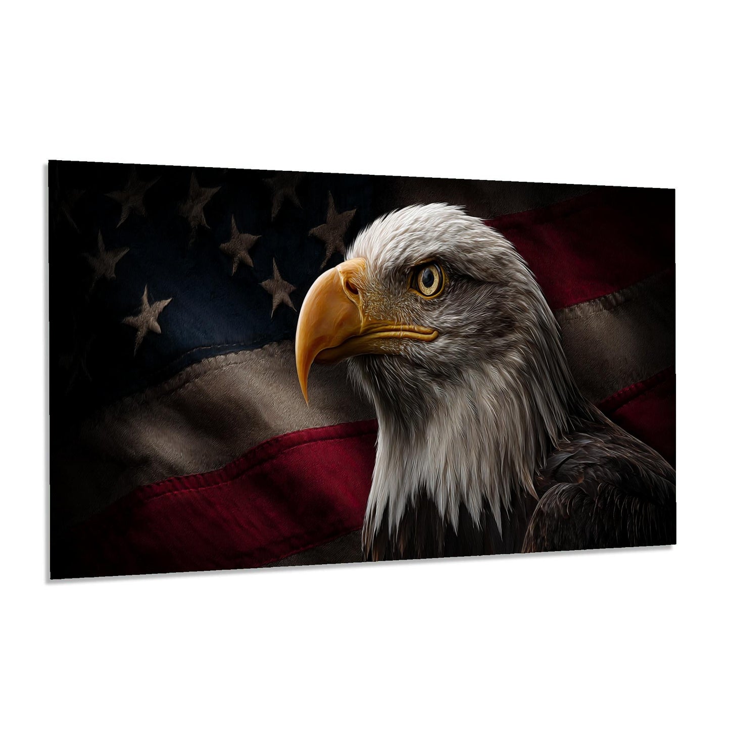 Bald eagle in front of an American flag