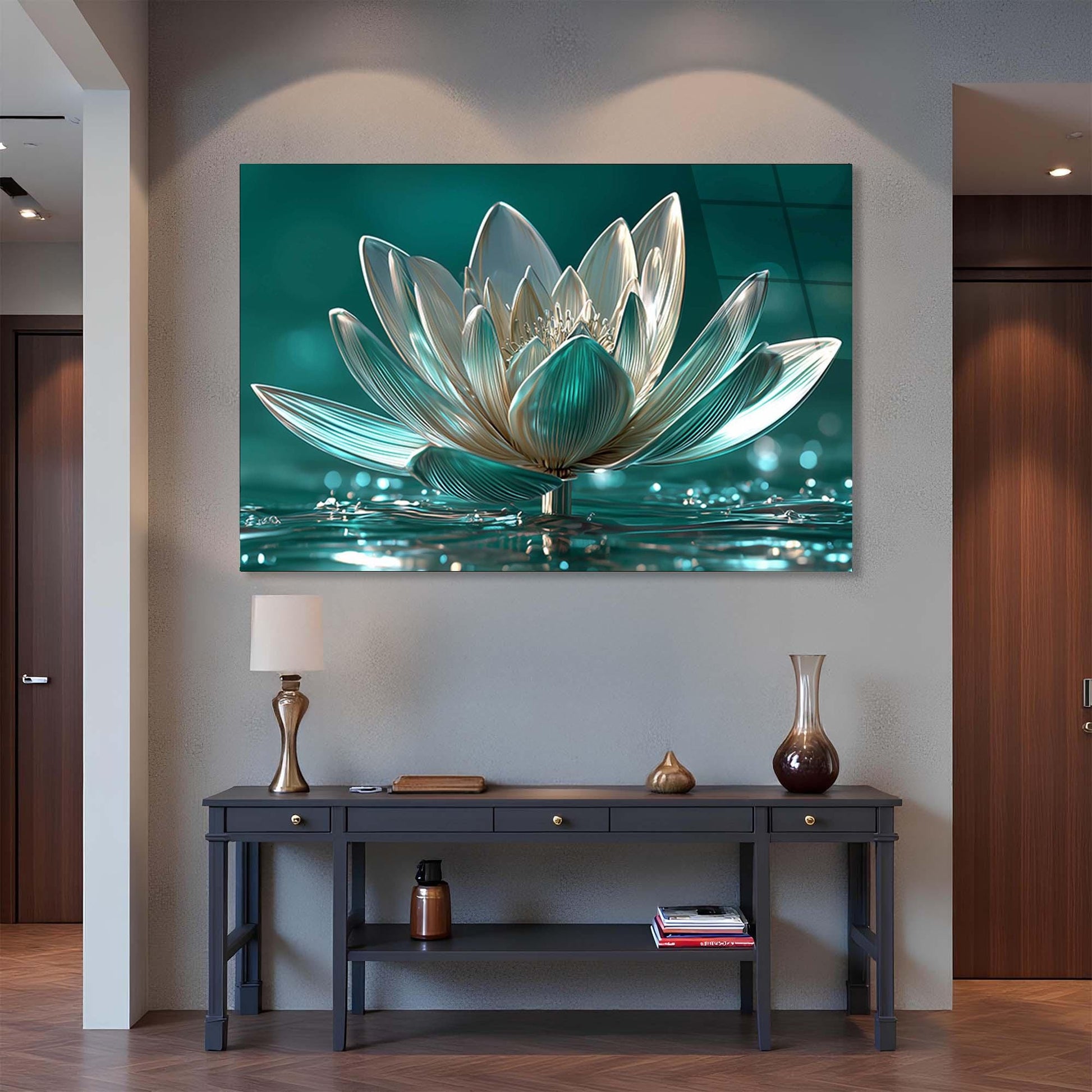 Framed artwork of a lotus flower on a wall above a console table.