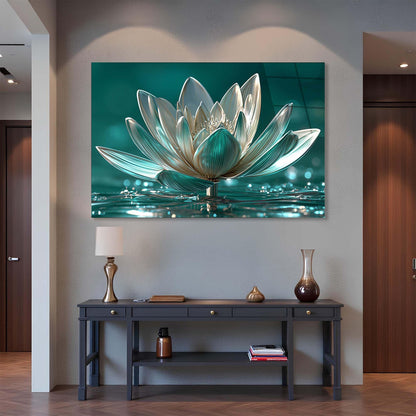 Framed artwork of a lotus flower on a wall above a console table.