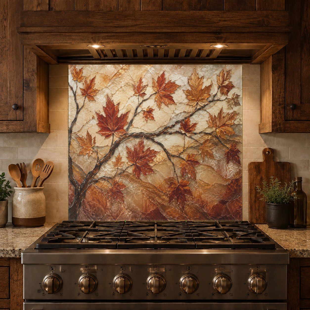 Custom-fit Autumn Maple tempered glass backsplash protecting the kitchen wall from food and oil splashes.