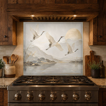Panoramic view of a birds glass backsplash panel in a luxury kitchen setup