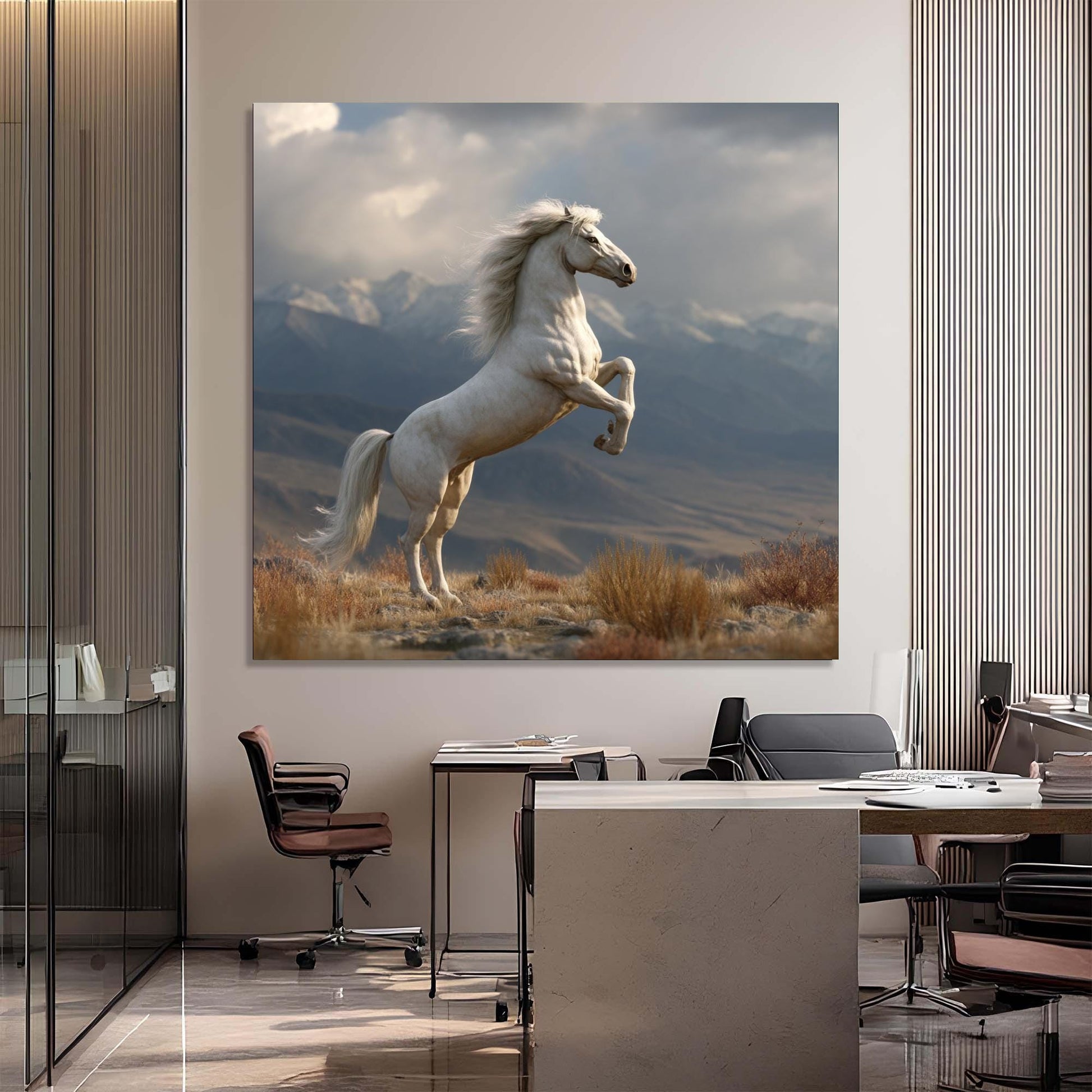 Modern office interior with a large painting of a horse on a mountain landscape.