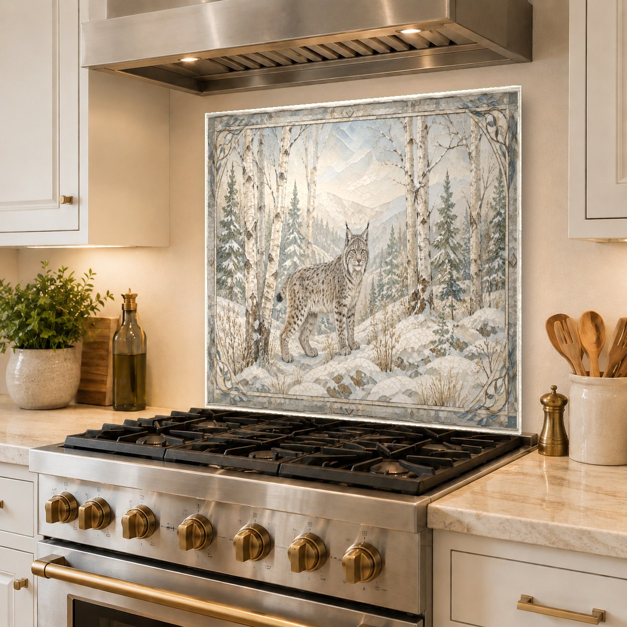 Sleek and glossy winter forest glass backsplash behind stainless steel range