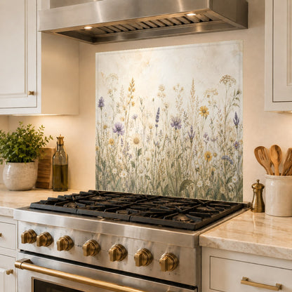 Modern kitchen island overlooking a beautiful wildflower garden-themed glass backsplash on the main prep wall.