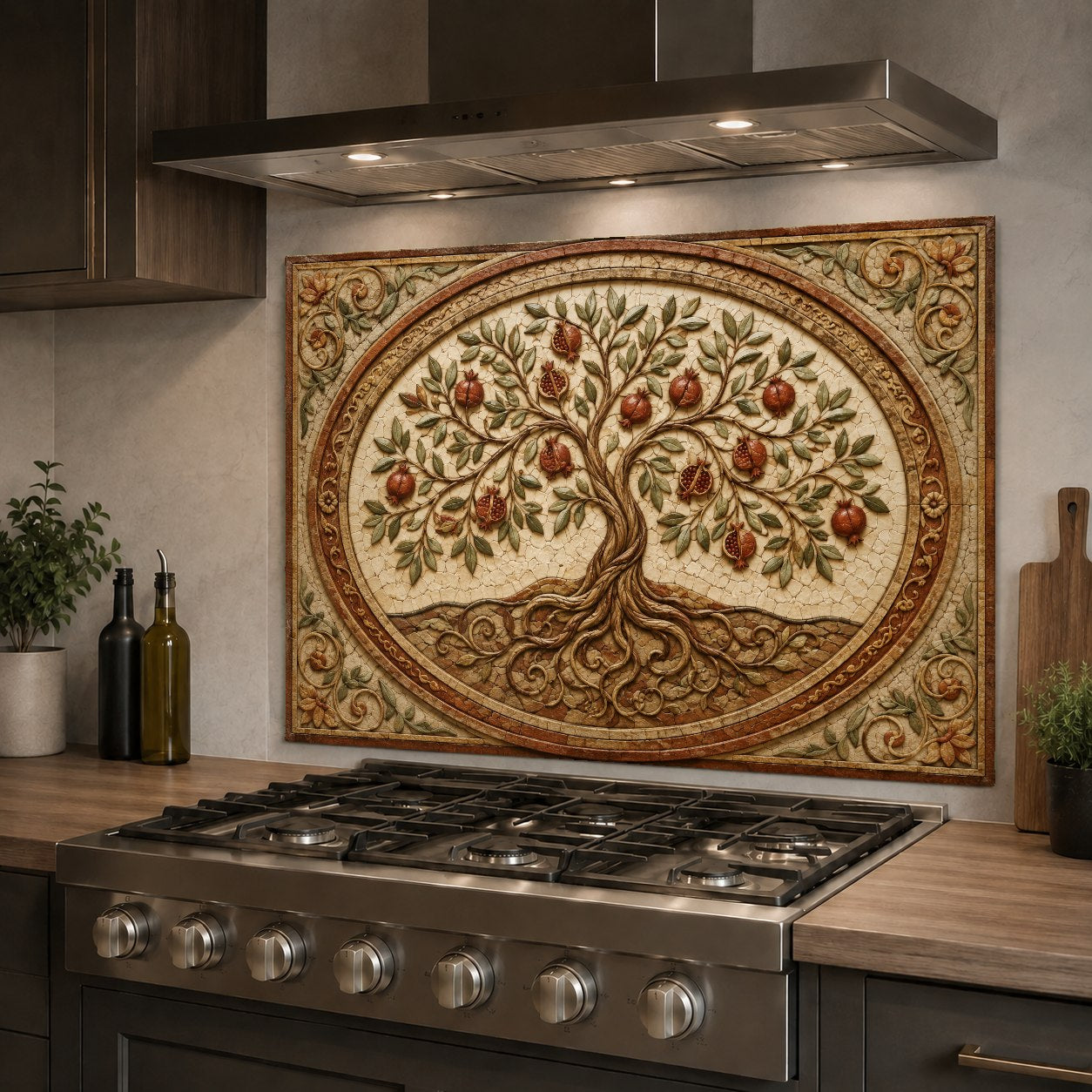 Close-up of the elegant Pomegranate Crest pattern on a heat-resistant glass cooktop backsplash.