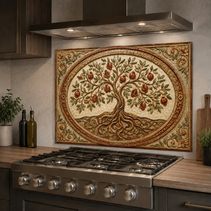 Close-up of the elegant Pomegranate Crest pattern on a heat-resistant glass cooktop backsplash.