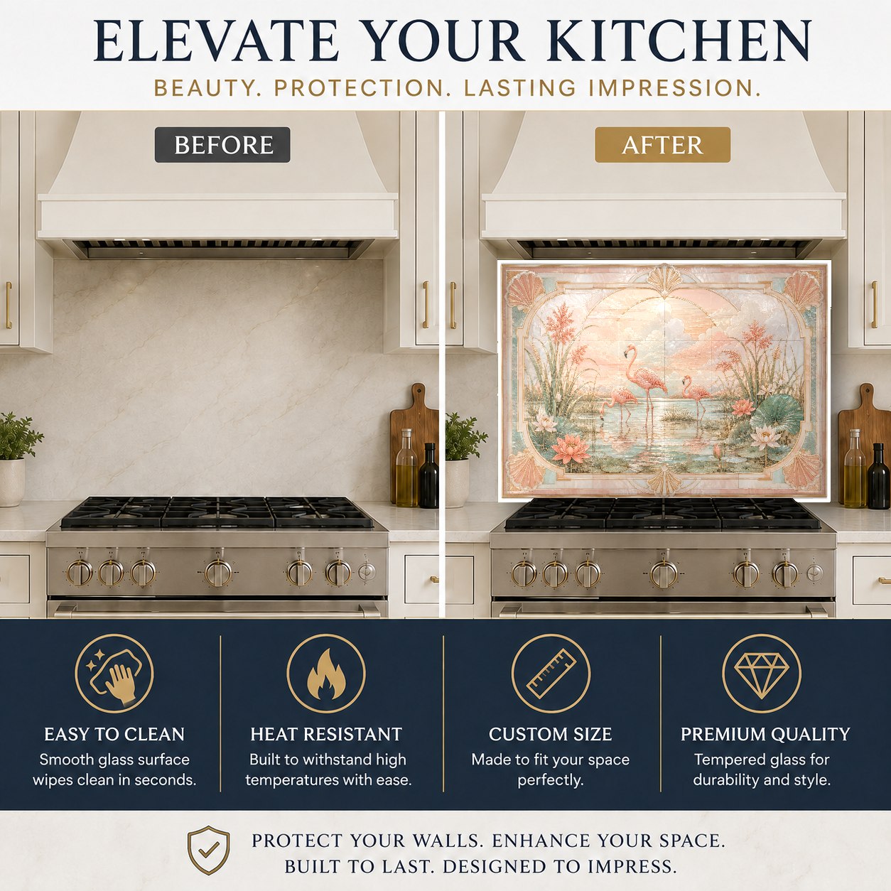 Exotic bird tempered glass backsplash protecting a kitchen sink wall