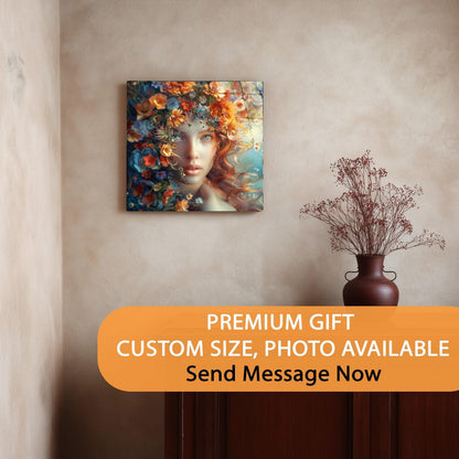 Artistic wall canvas of a woman's face with flowers on a beige wall, accompanied by a vase with dried plants.