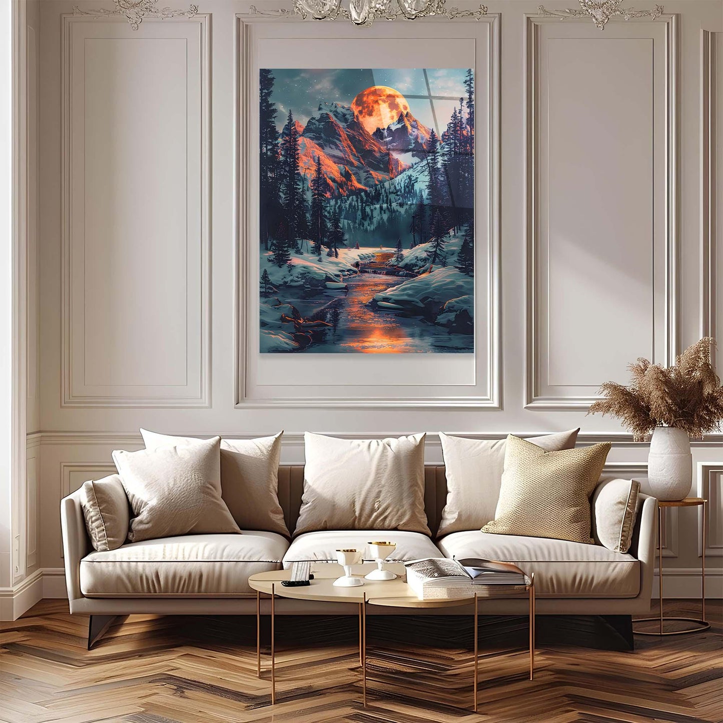 Modern living room with a beige sofa, coffee table, and wall art of a mountain landscape.