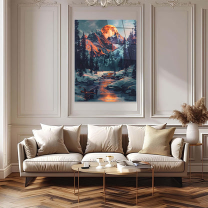 Modern living room with a beige sofa, coffee table, and wall art of a mountain landscape.
