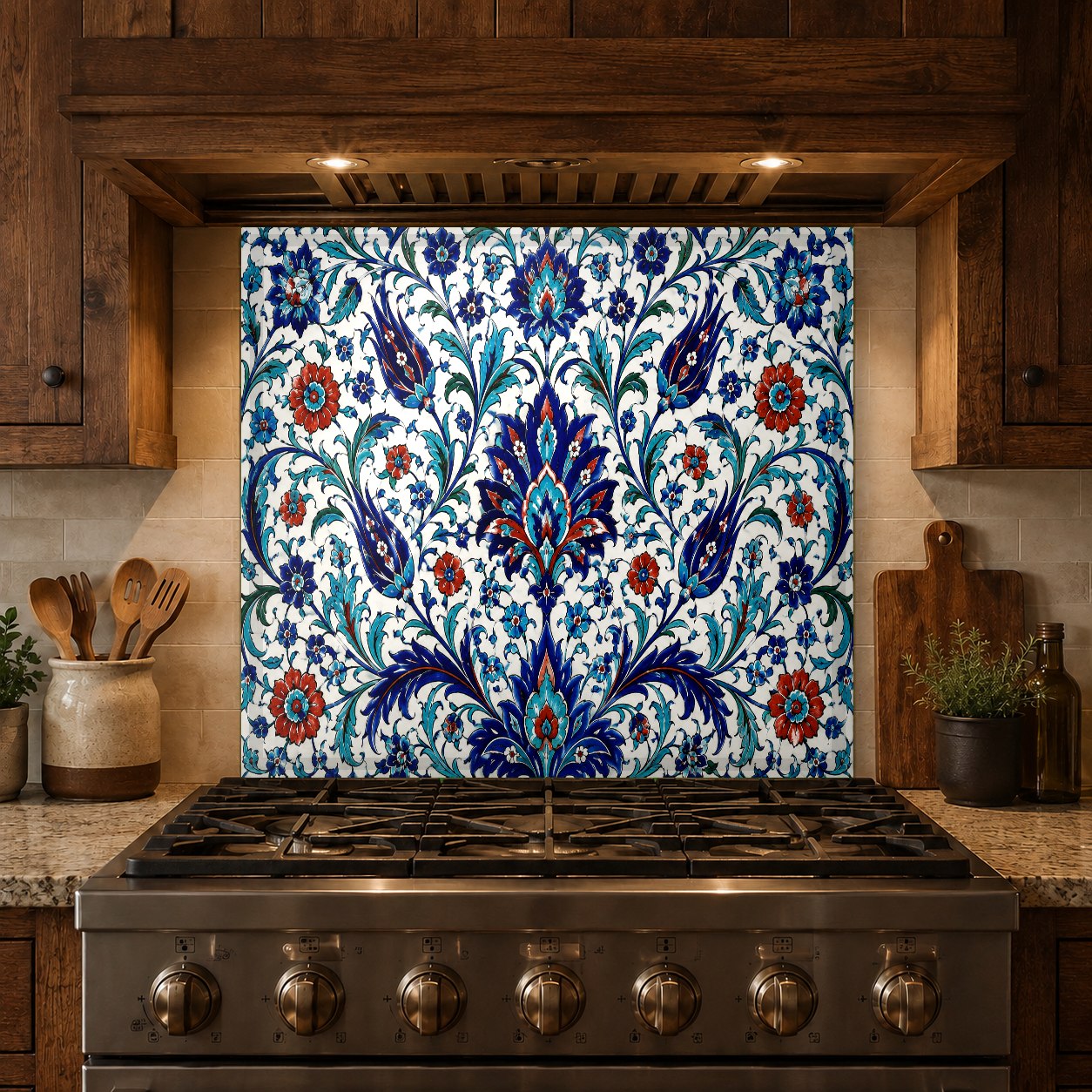 Stylish home bar area featuring a Mediterranean tile pattern tempered glass backsplash panel for easy maintenance.
