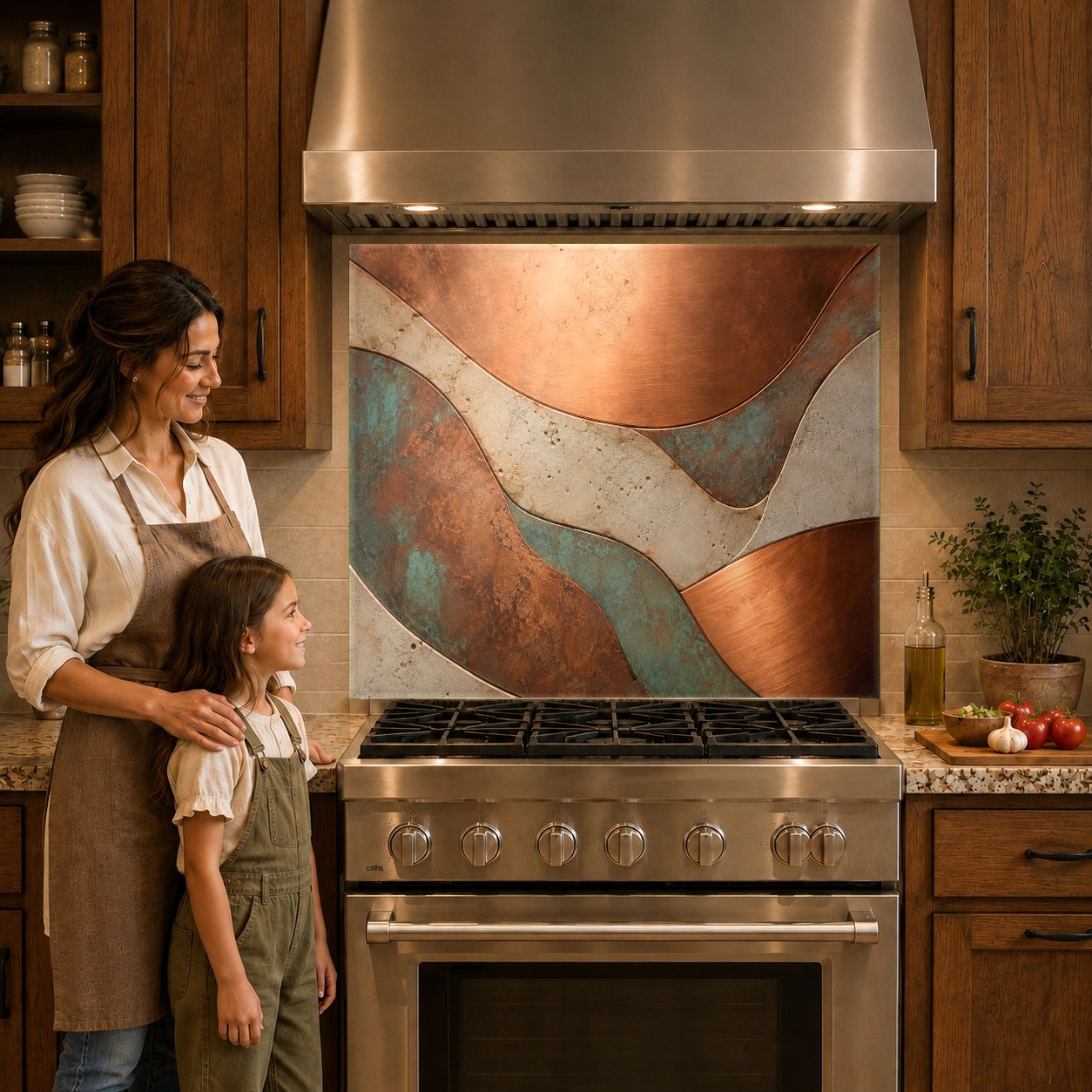 Metallic copper and bronze fluid art glass backsplash panel highlighting a sleek induction cooktop.