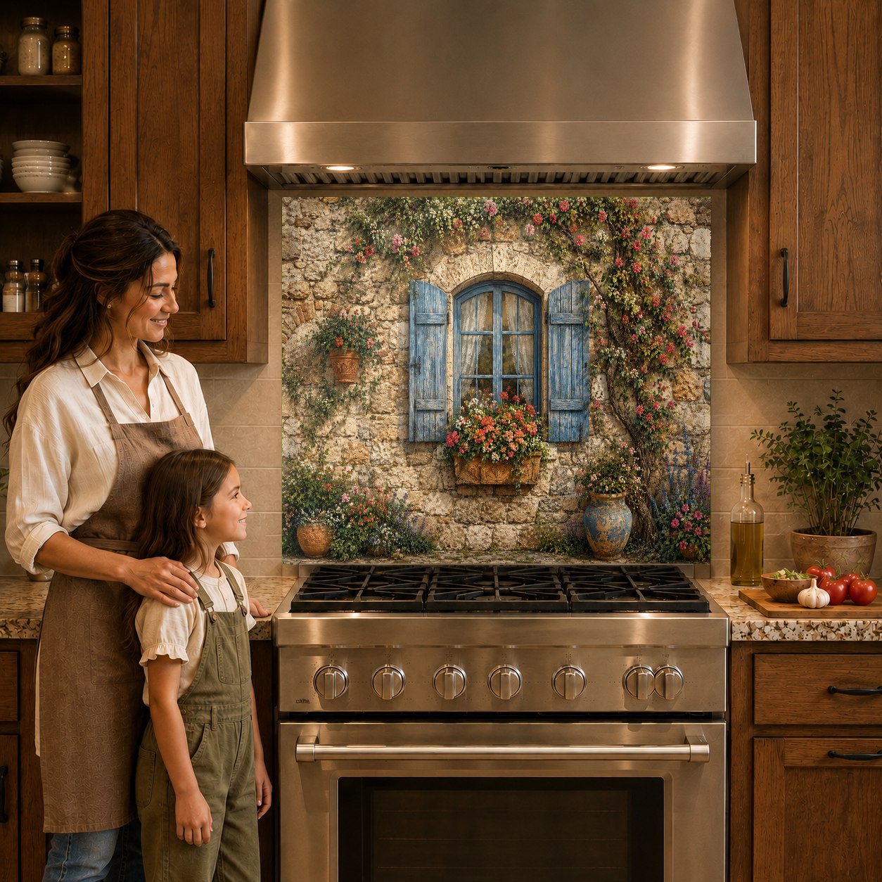 A scenic rustic window glass backsplash panel positioned behind a sleek induction cooktop