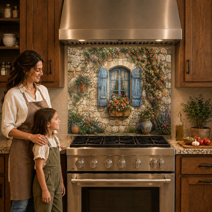A scenic rustic window glass backsplash panel positioned behind a sleek induction cooktop