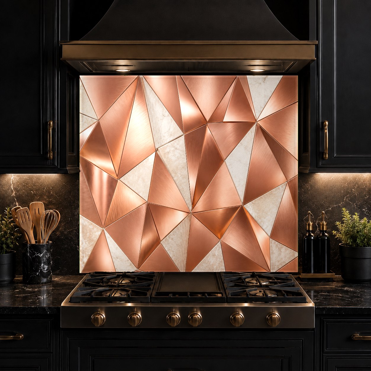 Frameless tempered glass backsplash with abstract copper pattern in a modern kitchen