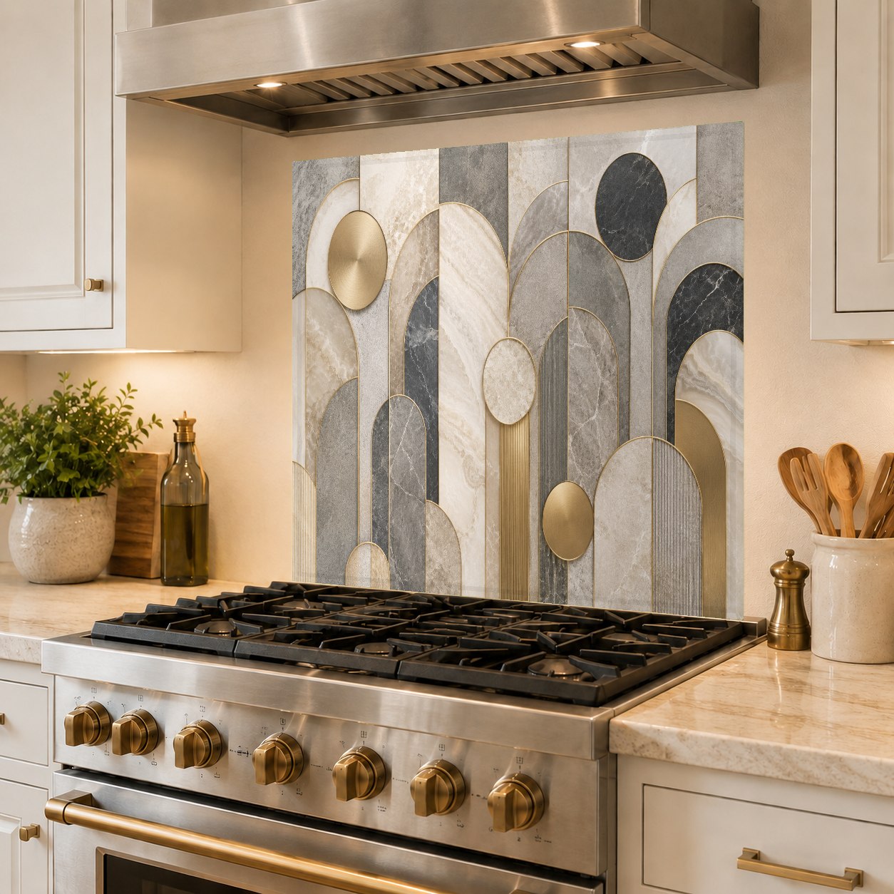 Seamless marble arches kitchen glass panel with no grout lines