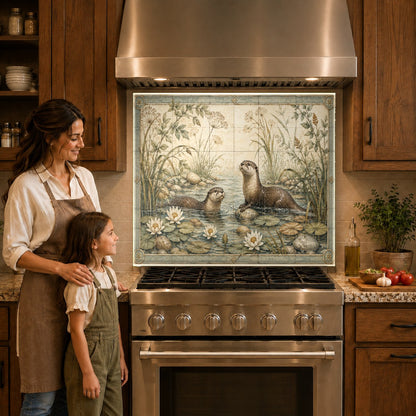 Misty forest and wild elk glass backsplash panel positioned behind a modern induction cooktop.