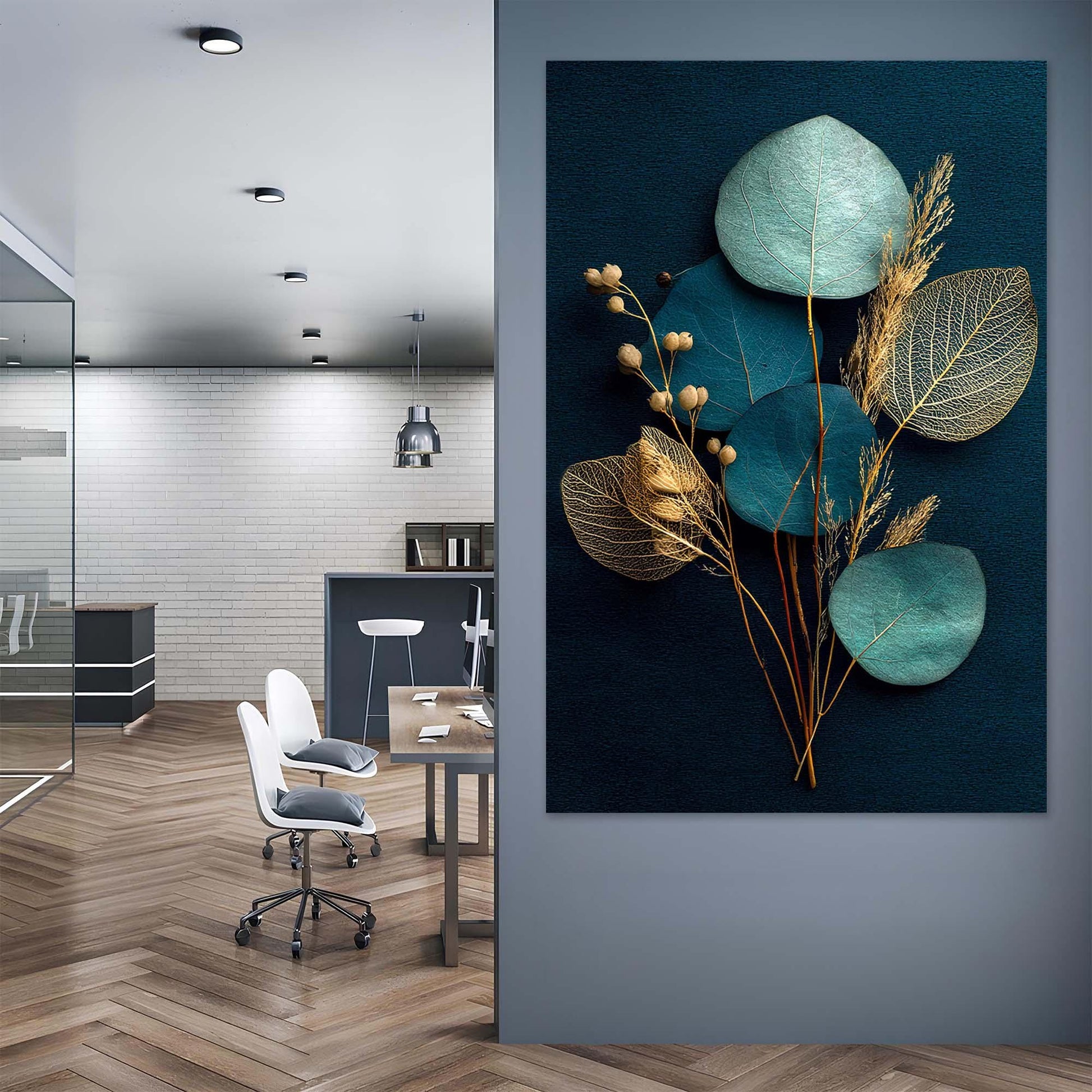 Modern office interior with a decorative wall art piece featuring leaves and plants.
