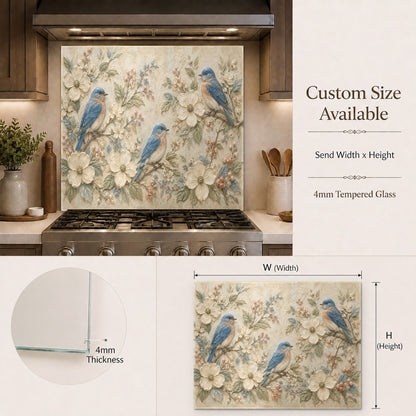 Blue bird decorative glass panel behind a kitchen bar area counter