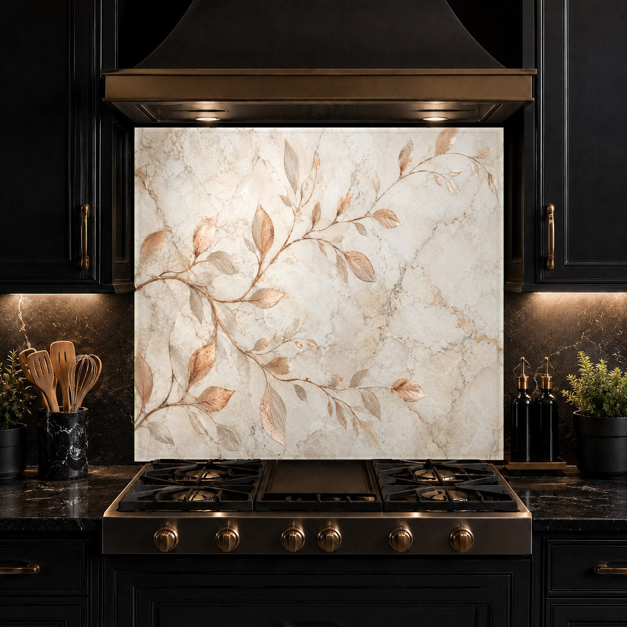 Beautiful earthy kitchen decor showcasing a custom-sized copper branch glass backsplash behind a cooktop.