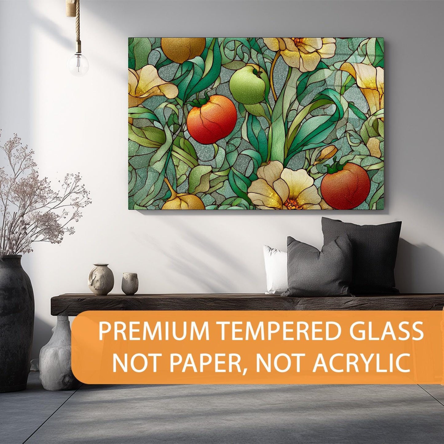 Decorative stained glass wall art with fruits and vegetables in a living room setting.