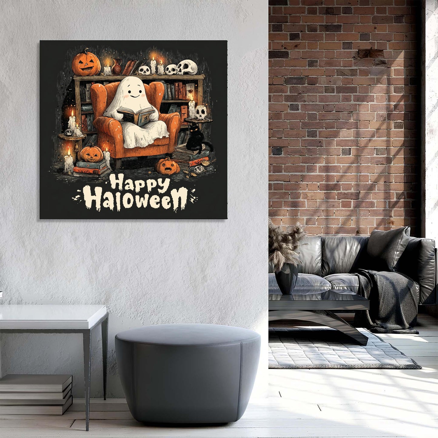 Halloween-themed wall art with a ghost reading a book on a couch, displayed in a living room.