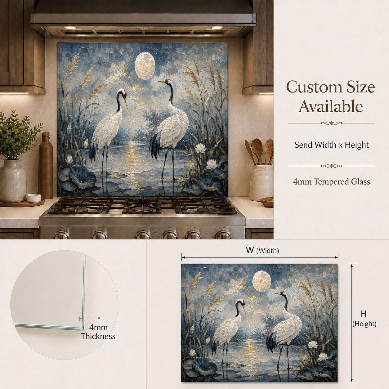 A beautiful celestial moon and cranes design glass backsplash panel in a luxury kitchen bar area.