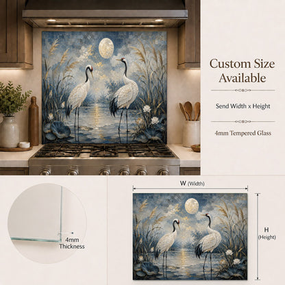 A beautiful celestial moon and cranes design glass backsplash panel in a luxury kitchen bar area.