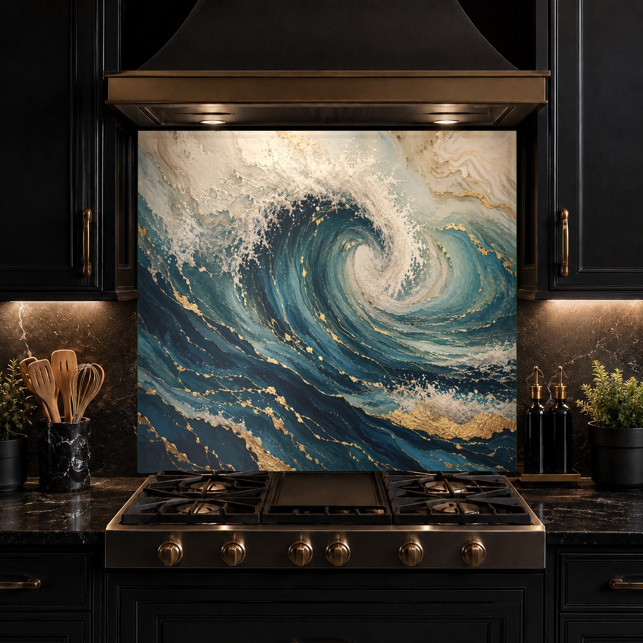 Close-up of a heat-resistant ocean wave glass backsplash behind a professional gas range.