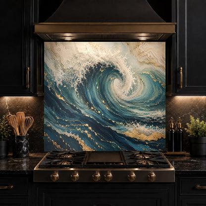 Close-up of a heat-resistant ocean wave glass backsplash behind a professional gas range.