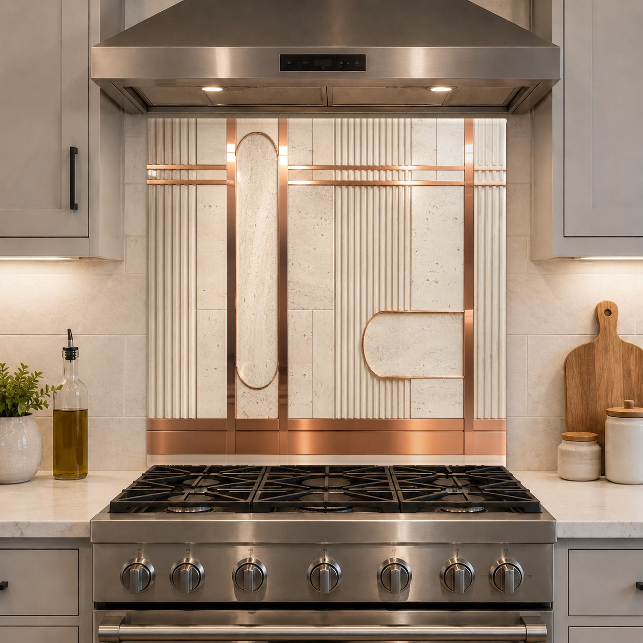 Contemporary home bar area styled with a heat-resistant copper glass backsplash