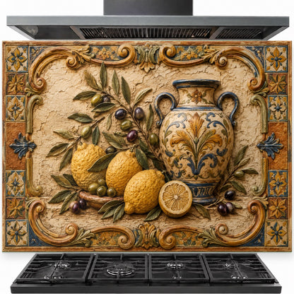 Tuscan Lemon tempered glass backsplash installed behind a gas stove in a bright kitchen