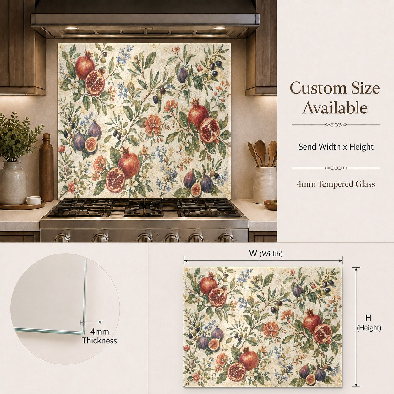 Elegant Mediterranean style pomegranate backsplash panel creating a stunning focal point in a farmhouse kitchen.