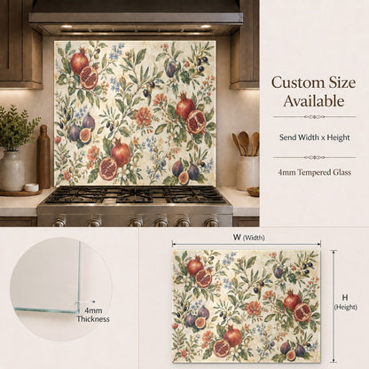 Elegant Mediterranean style pomegranate backsplash panel creating a stunning focal point in a farmhouse kitchen.