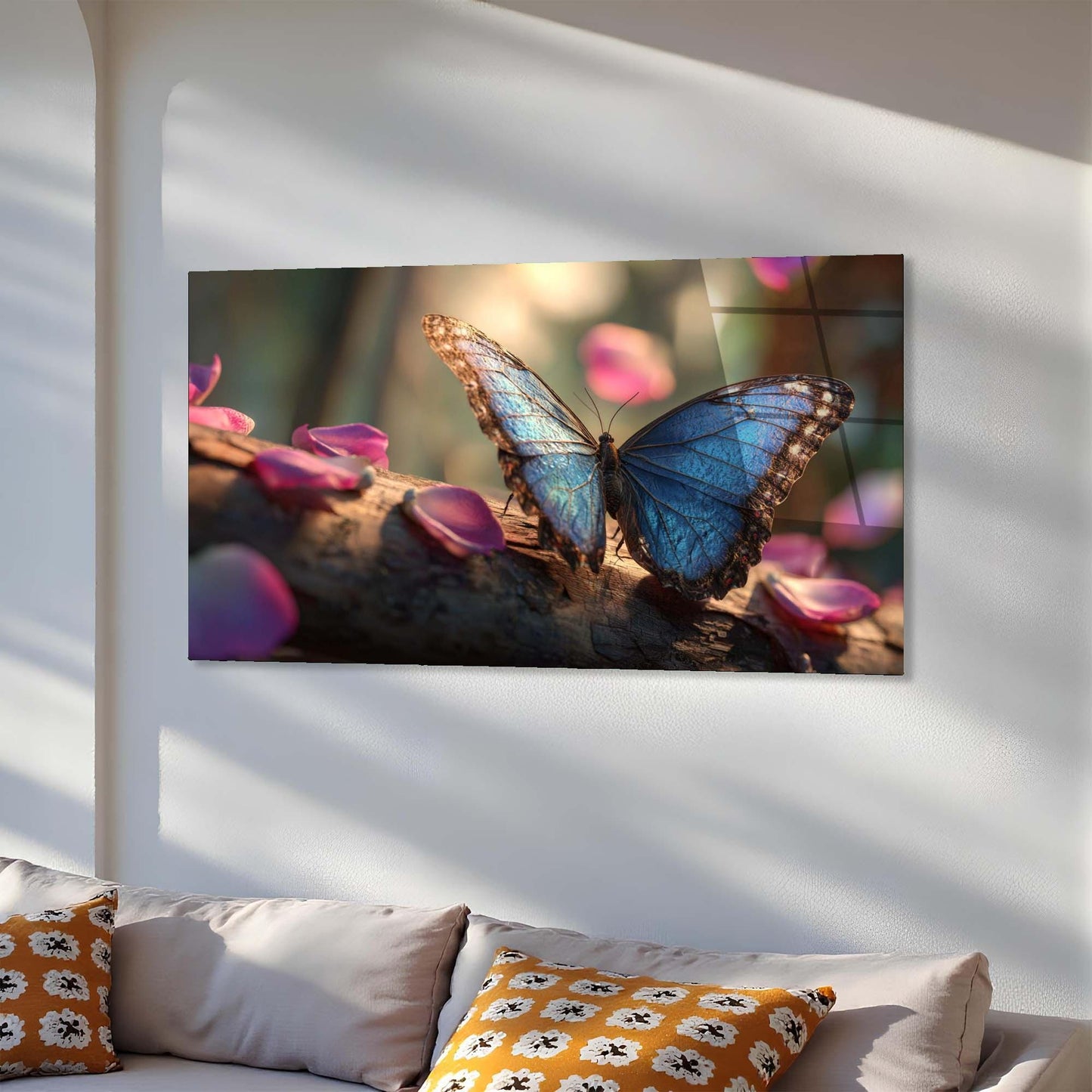 Wall-mounted TV displaying a butterfly on a floral background in a living room.