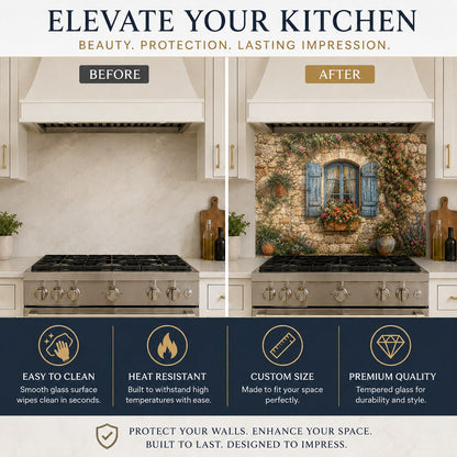 Farmhouse style rustic window backsplash mounted on the wall behind a deep white farmhouse kitchen sink