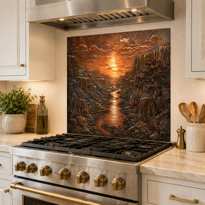 Stunning bronze and copper glass backsplash panel behind a wet bar sink in a contemporary home bar area.