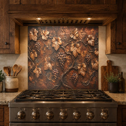 Bar area styled with a Bronze Vineyard tempered glass backsplash panel