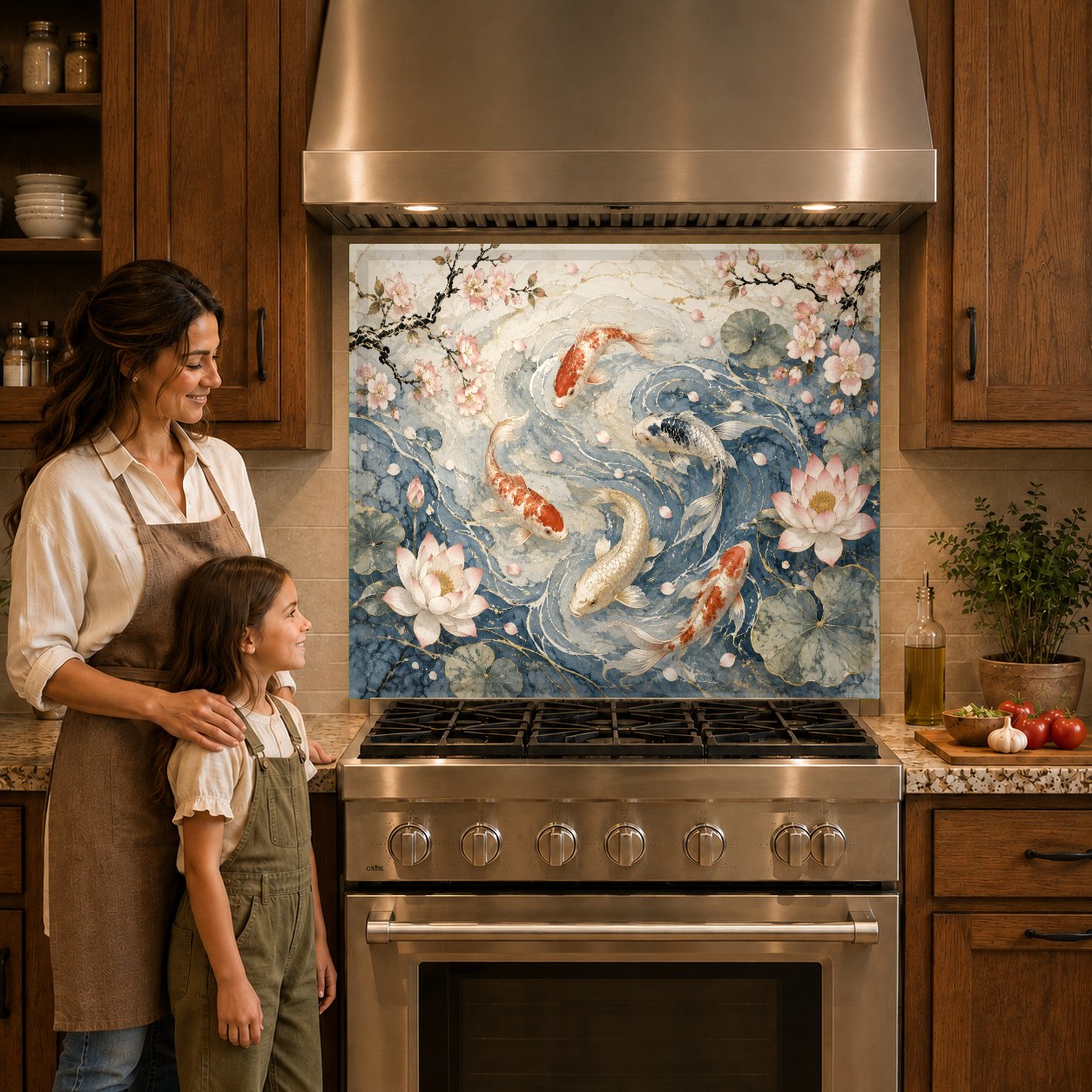 Close-up of Moonlit Koi glass kitchen backsplash panel behind gas cooktop