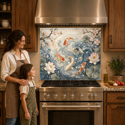 Close-up of Moonlit Koi glass kitchen backsplash panel behind gas cooktop